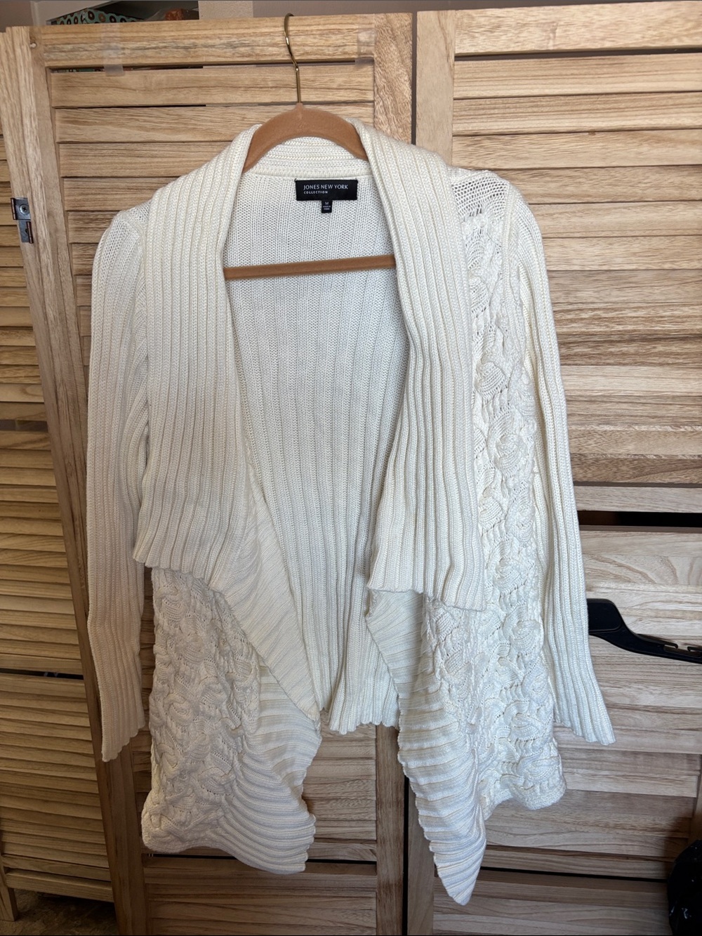 Jones New York Off-White Cable & Rib Open-Front Cardigan Medium